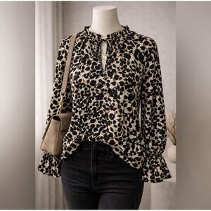 Sanctuary Leopard Print Top Large Ruffle Neck Tie Bell Sleeve Boho Animal Print